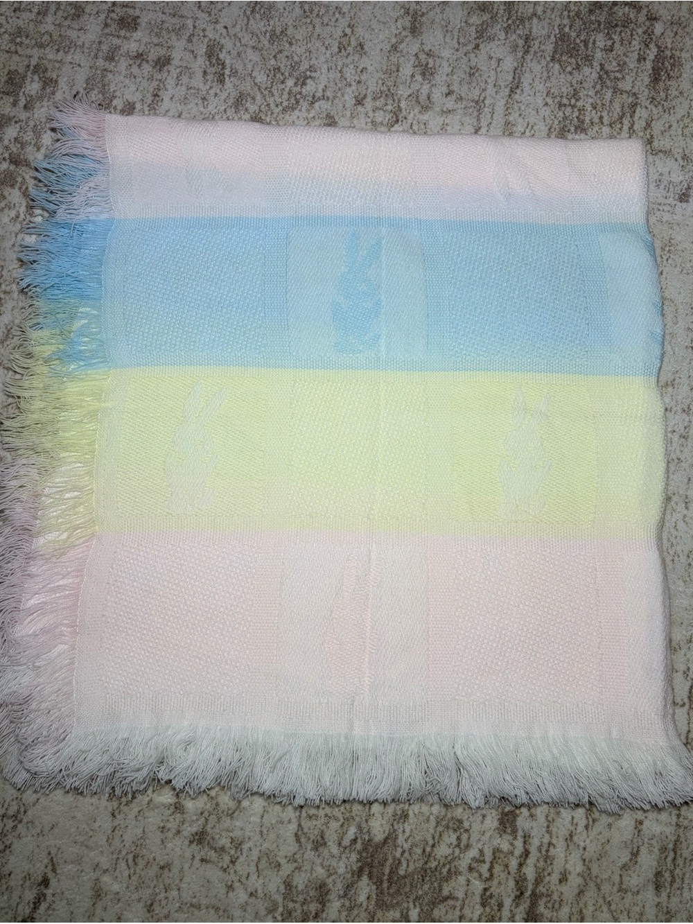 Vintage Pastel Acrylic Bunny Baby Blanket w/ Fringe 36” x 36”